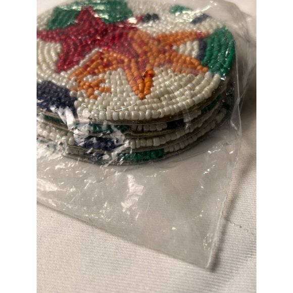 Handcrafted Beaded Starfish Coasters Set Of 4 - 4.25" Round - Beach Theme Decor - Picture 4 of 6